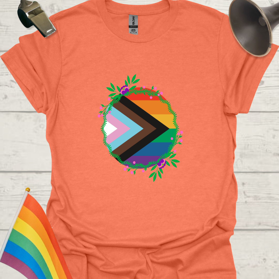 LGBTQ Pride Progress Flag colors, circle and flowers T-Shirt