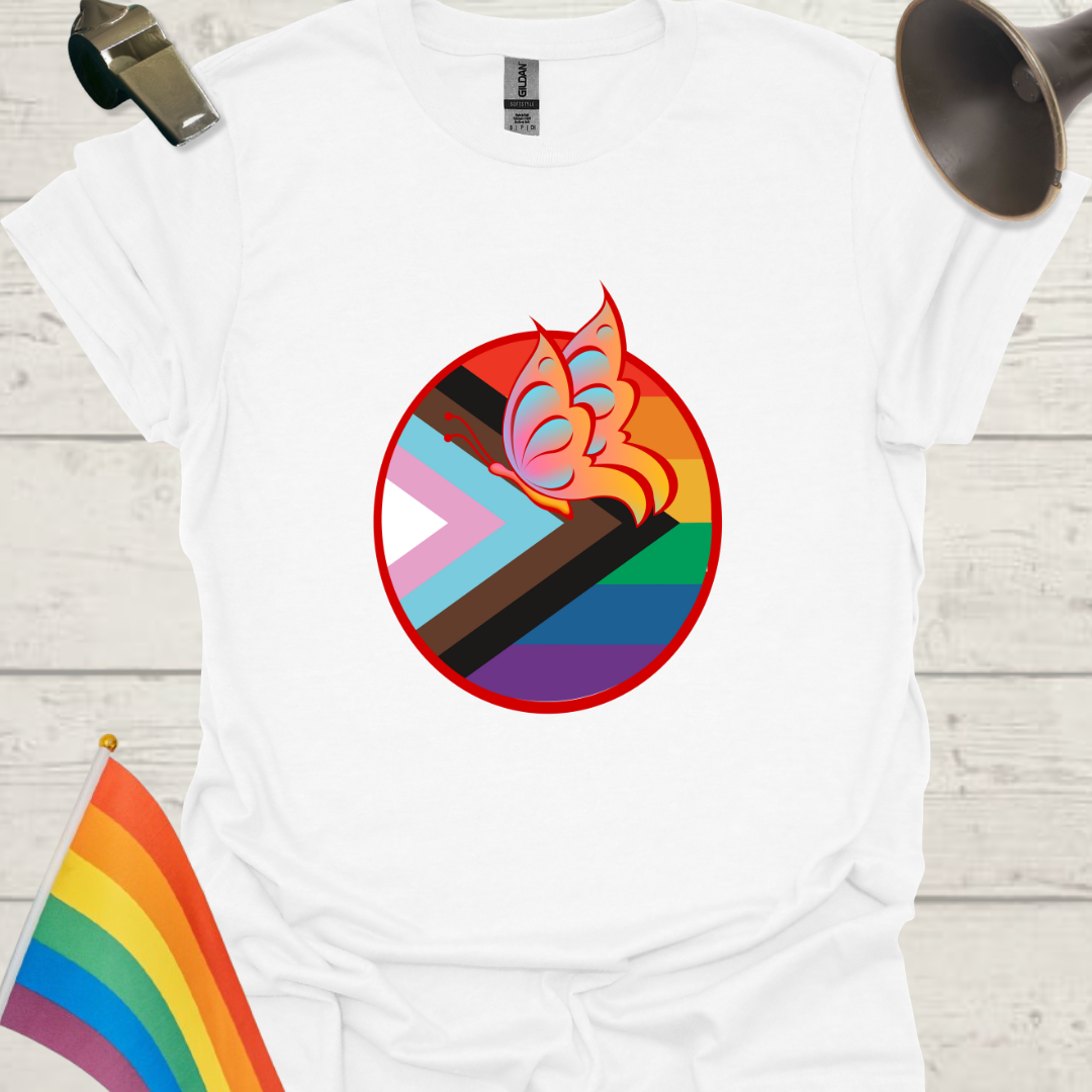 LGBTQ Pride Progress Flag Colors, Sphere and Butterfly T-Shirt