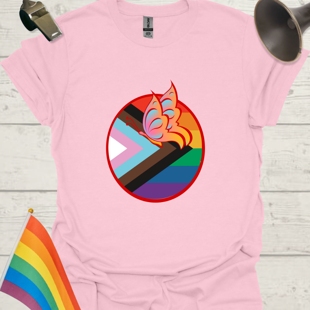 LGBTQ Pride Progress Flag Colors, Sphere and Butterfly T-Shirt