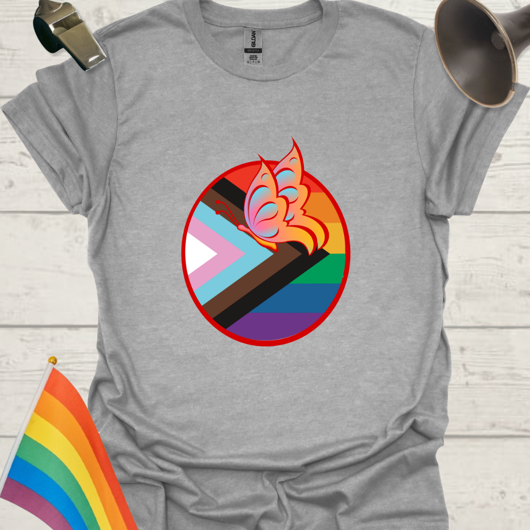 LGBTQ Pride Progress Flag Colors, Sphere and Butterfly T-Shirt