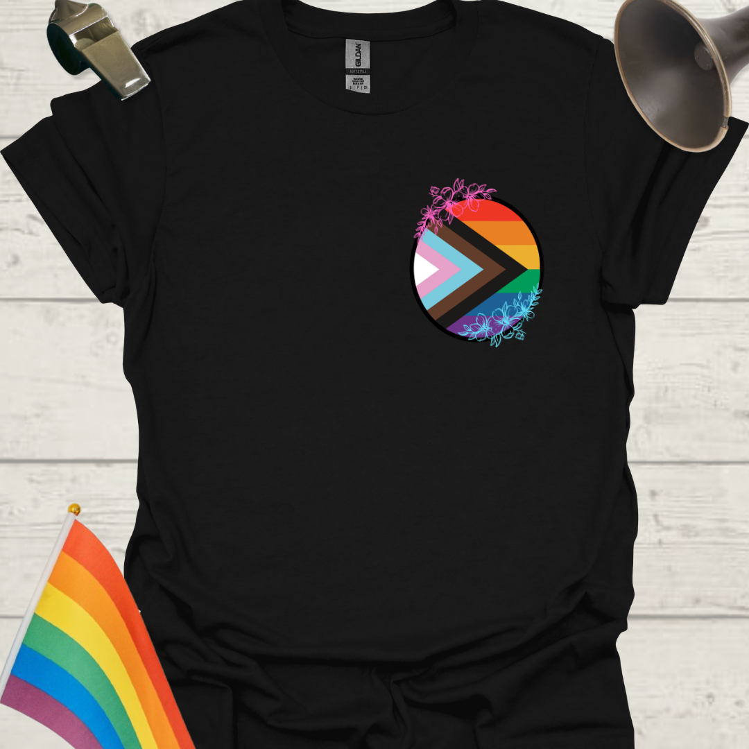 LGBTQ Pride Progress Flag colors, sphere and flowers T-Shirt