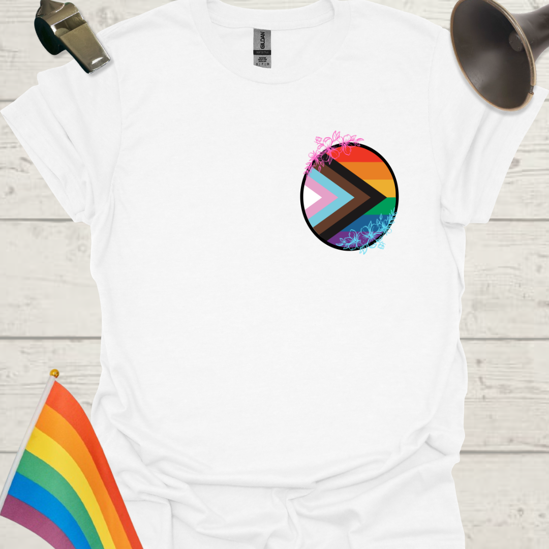 LGBTQ Pride Progress Flag colors, sphere and flowers T-Shirt