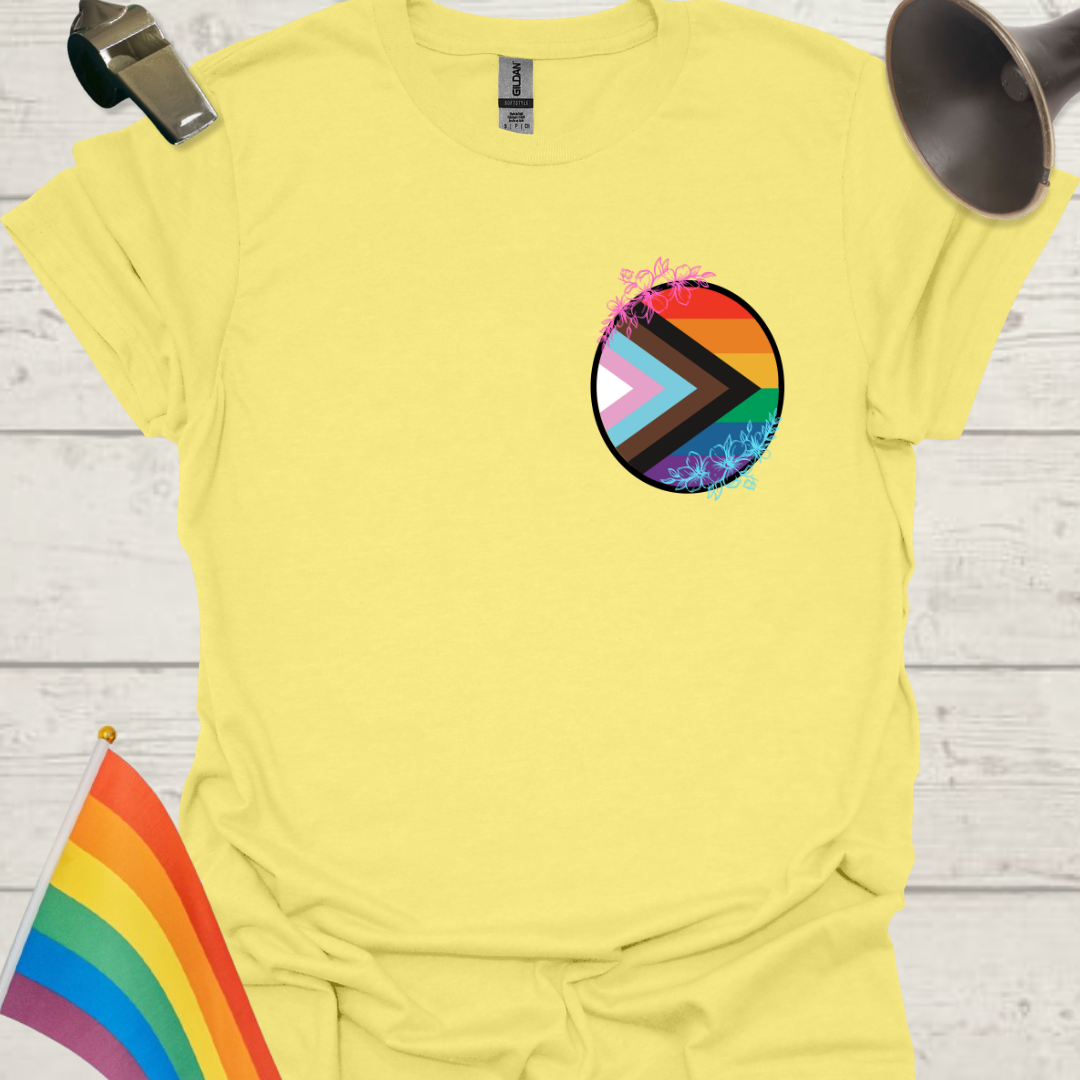 LGBTQ Pride Progress Flag colors, sphere and flowers T-Shirt