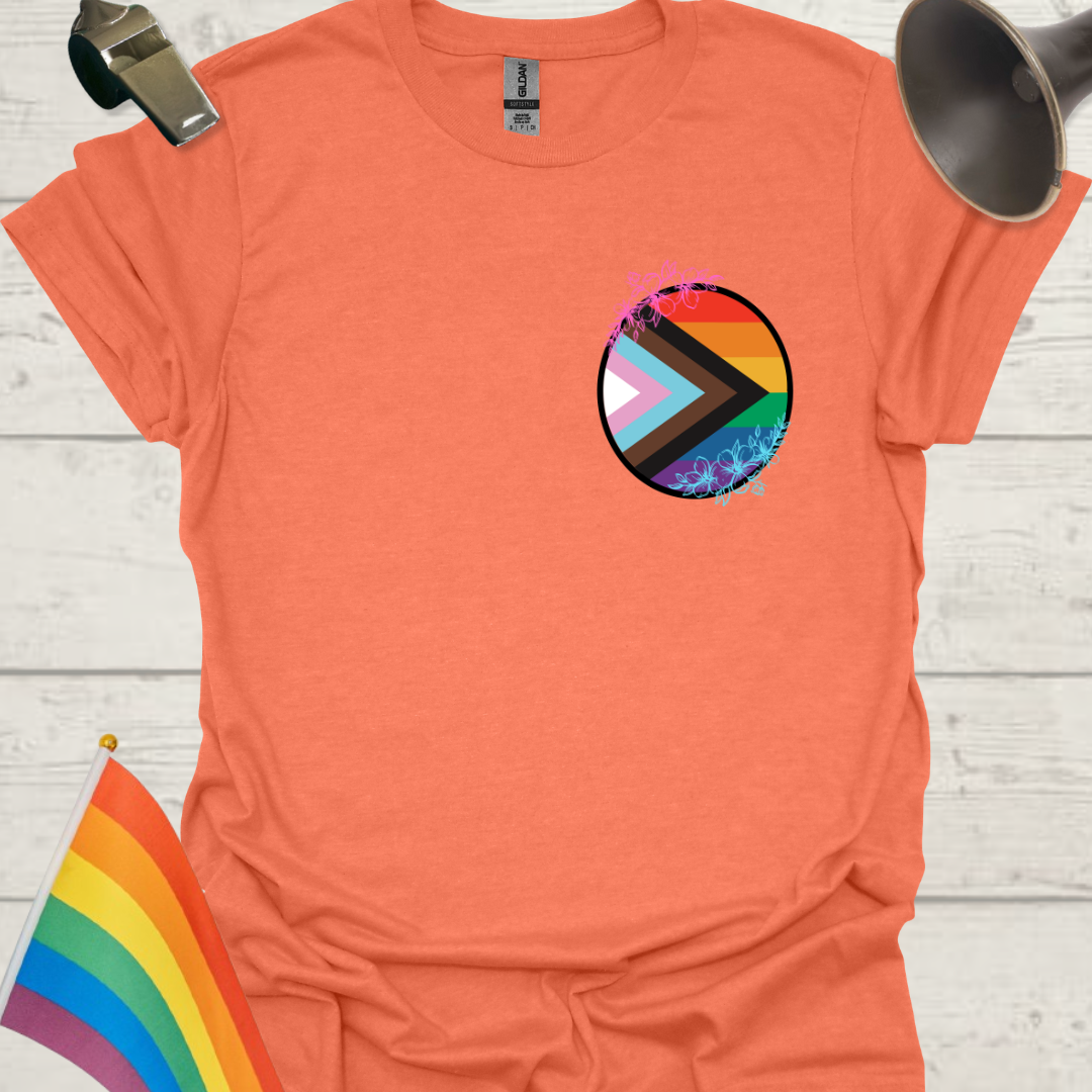 LGBTQ Pride Progress Flag colors, sphere and flowers T-Shirt