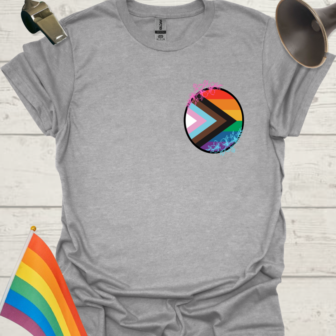 LGBTQ Pride Progress Flag colors, sphere and flowers T-Shirt