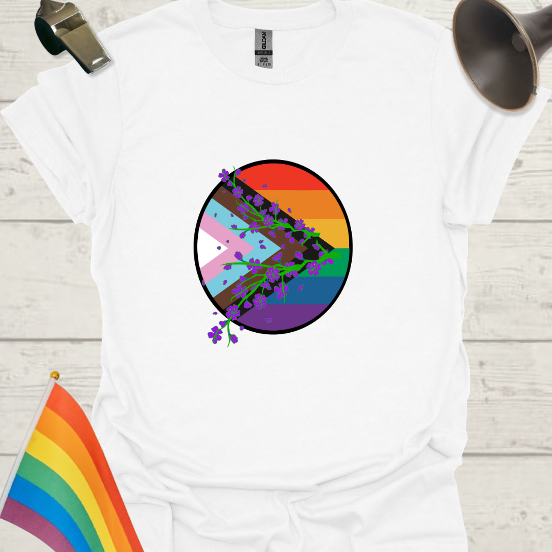 LGBTQ Pride Progress Flag colors, sphere and wild flowers T-Shirt
