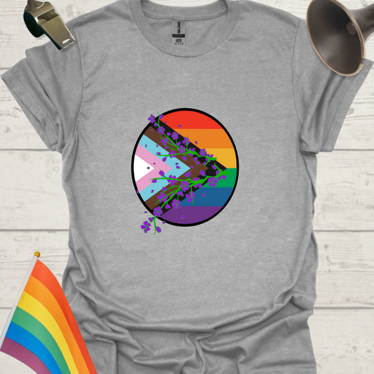 LGBTQ Pride Progress Flag colors, sphere and wild flowers T-Shirt