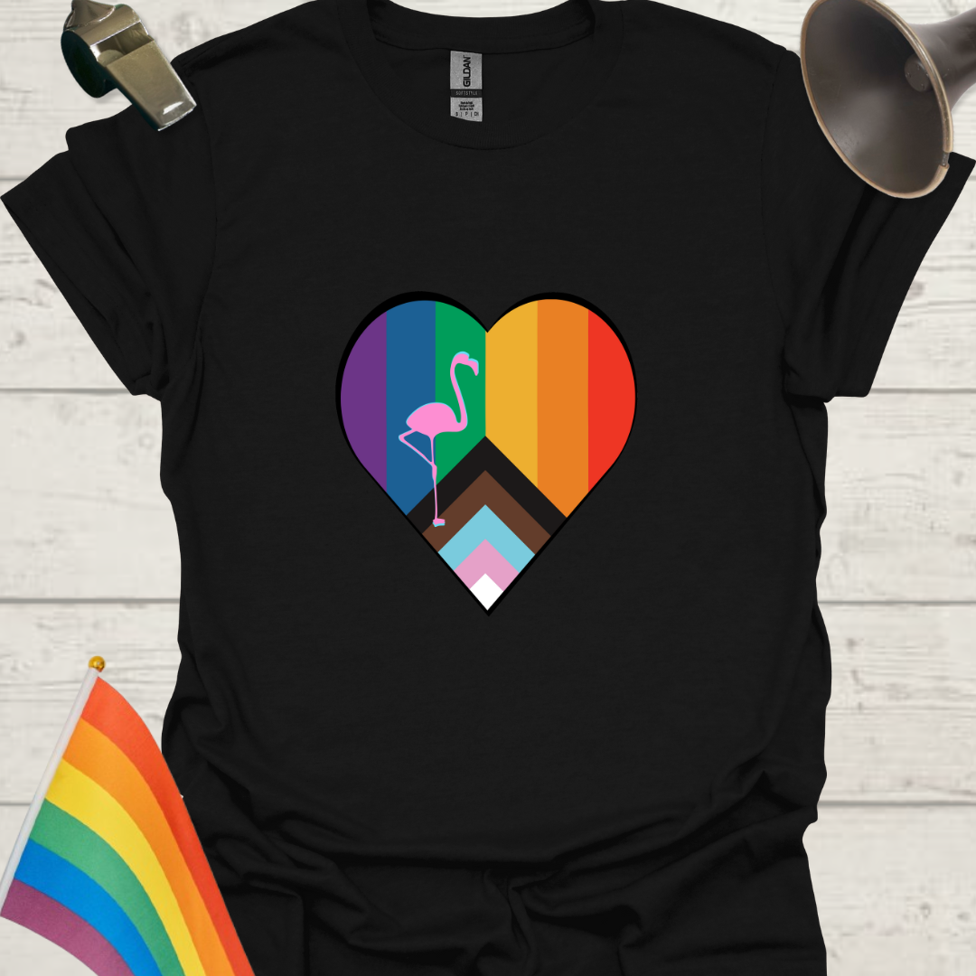 LGBTQ Pride Progress Flag Heart, Pink Flamingo T-Shirt
