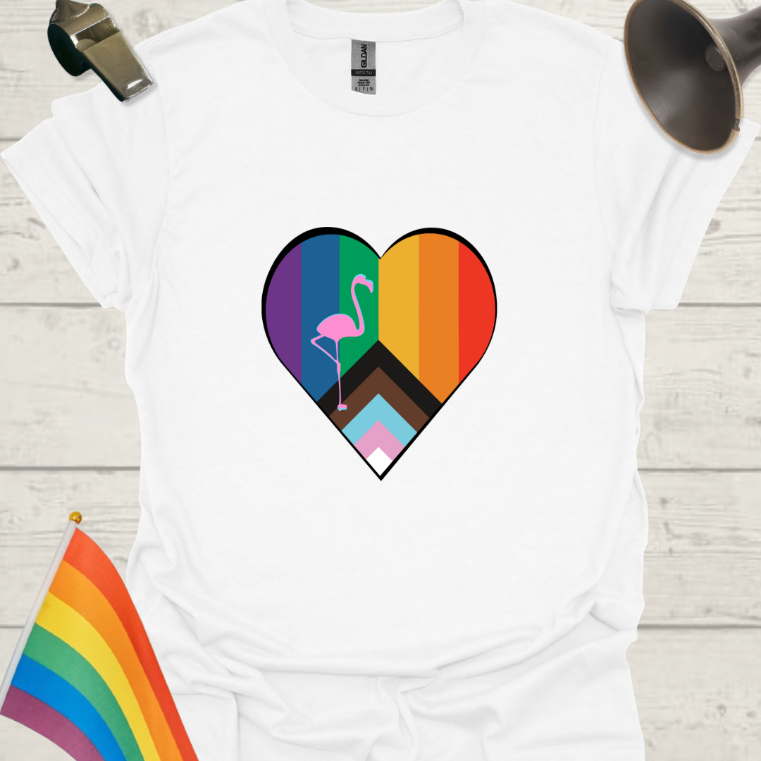 LGBTQ Pride Progress Flag Heart, Pink Flamingo T-Shirt