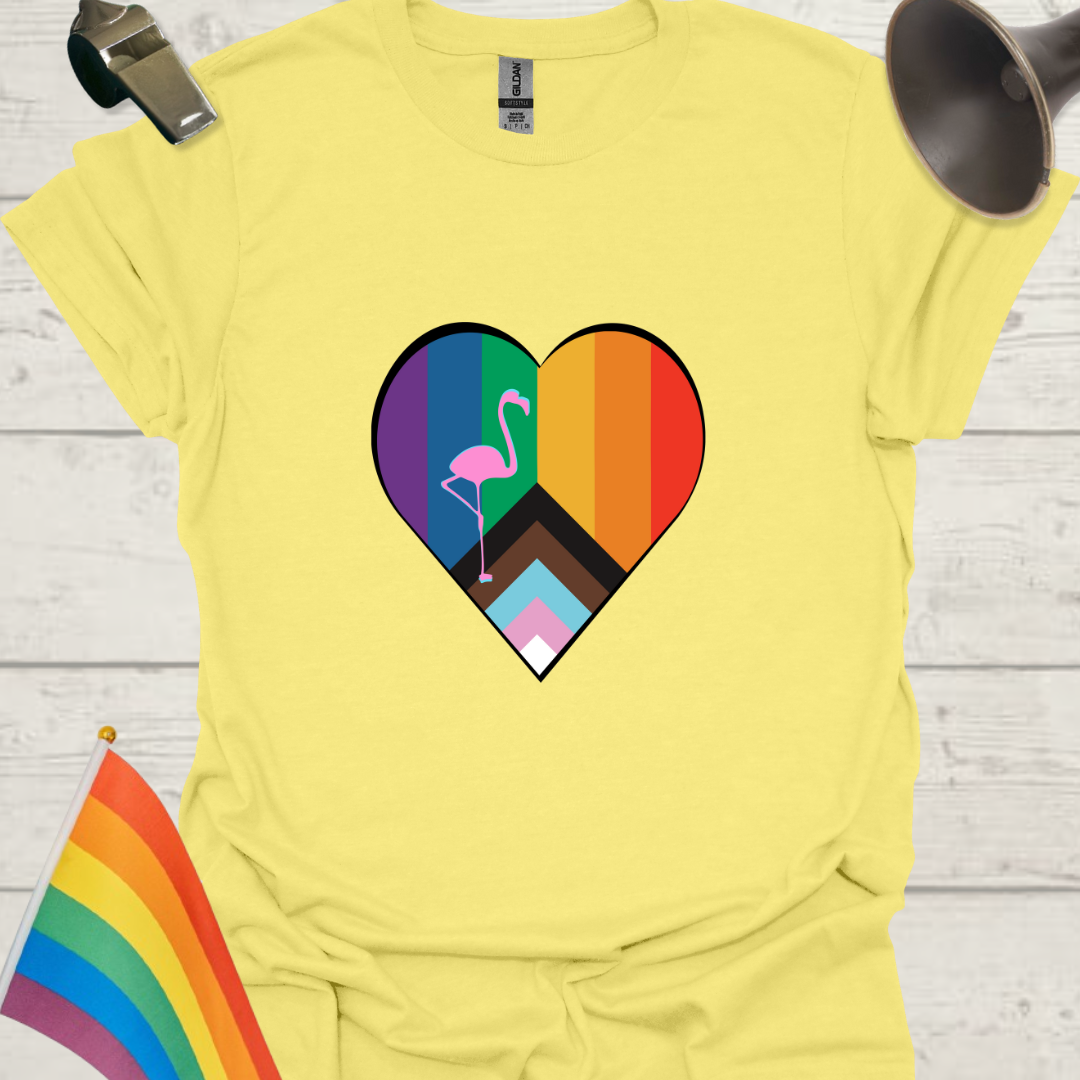 LGBTQ Pride Progress Flag Heart, Pink Flamingo T-Shirt