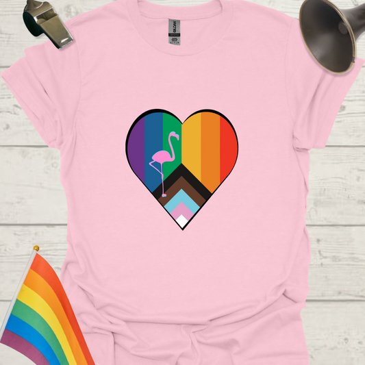 LGBTQ Pride Progress Flag Heart, Pink Flamingo T-Shirt