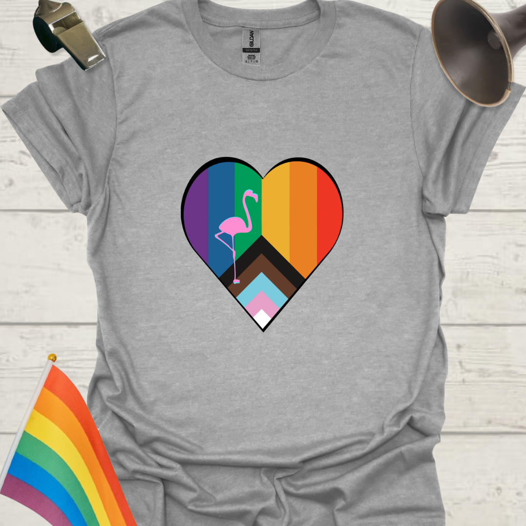 LGBTQ Pride Progress Flag Heart, Pink Flamingo T-Shirt