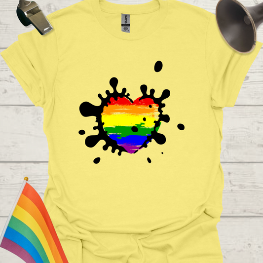LGBTQ Pride Rainbow Flag in a Black Splashes Heart Art T-Shirt