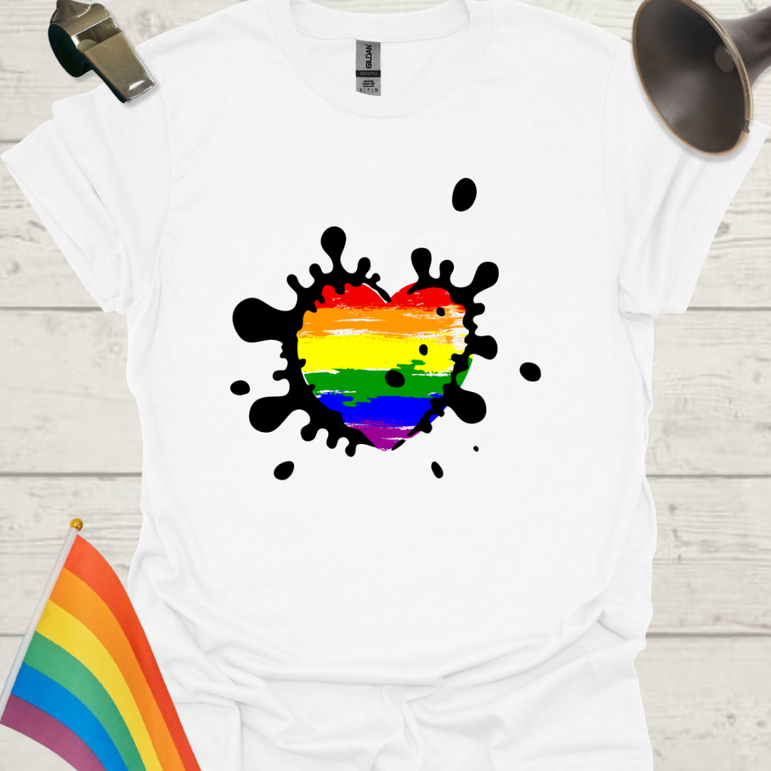 LGBTQ Pride Rainbow Flag in a Black Splashes Heart Art T-Shirt