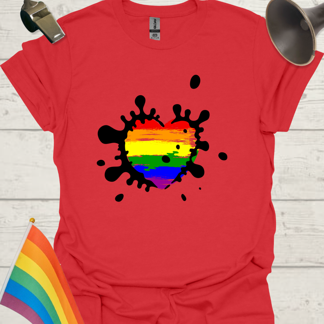 LGBTQ Pride Rainbow Flag in a Black Splashes Heart Art T-Shirt