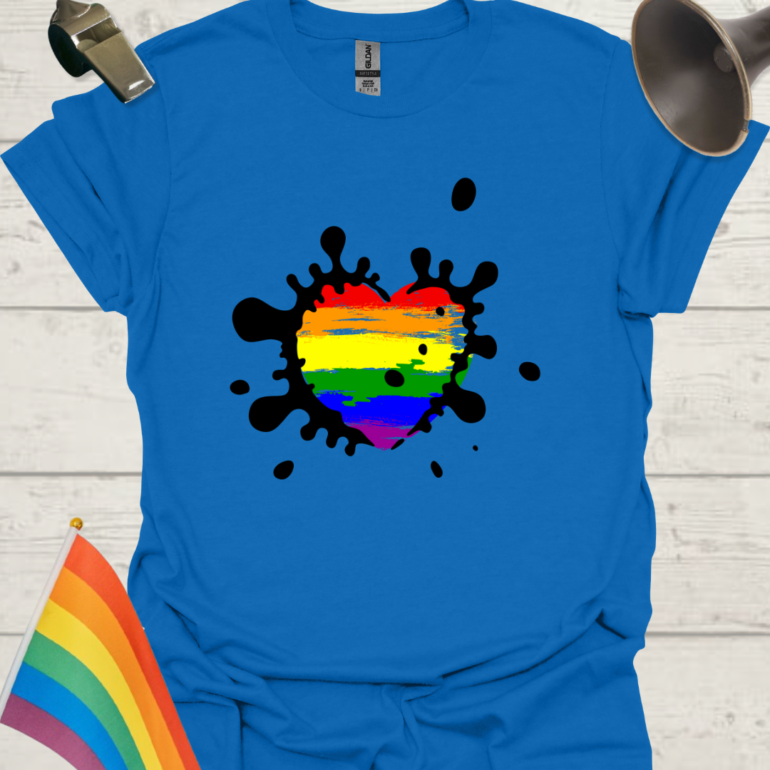 LGBTQ Pride Rainbow Flag in a Black Splashes Heart Art T-Shirt