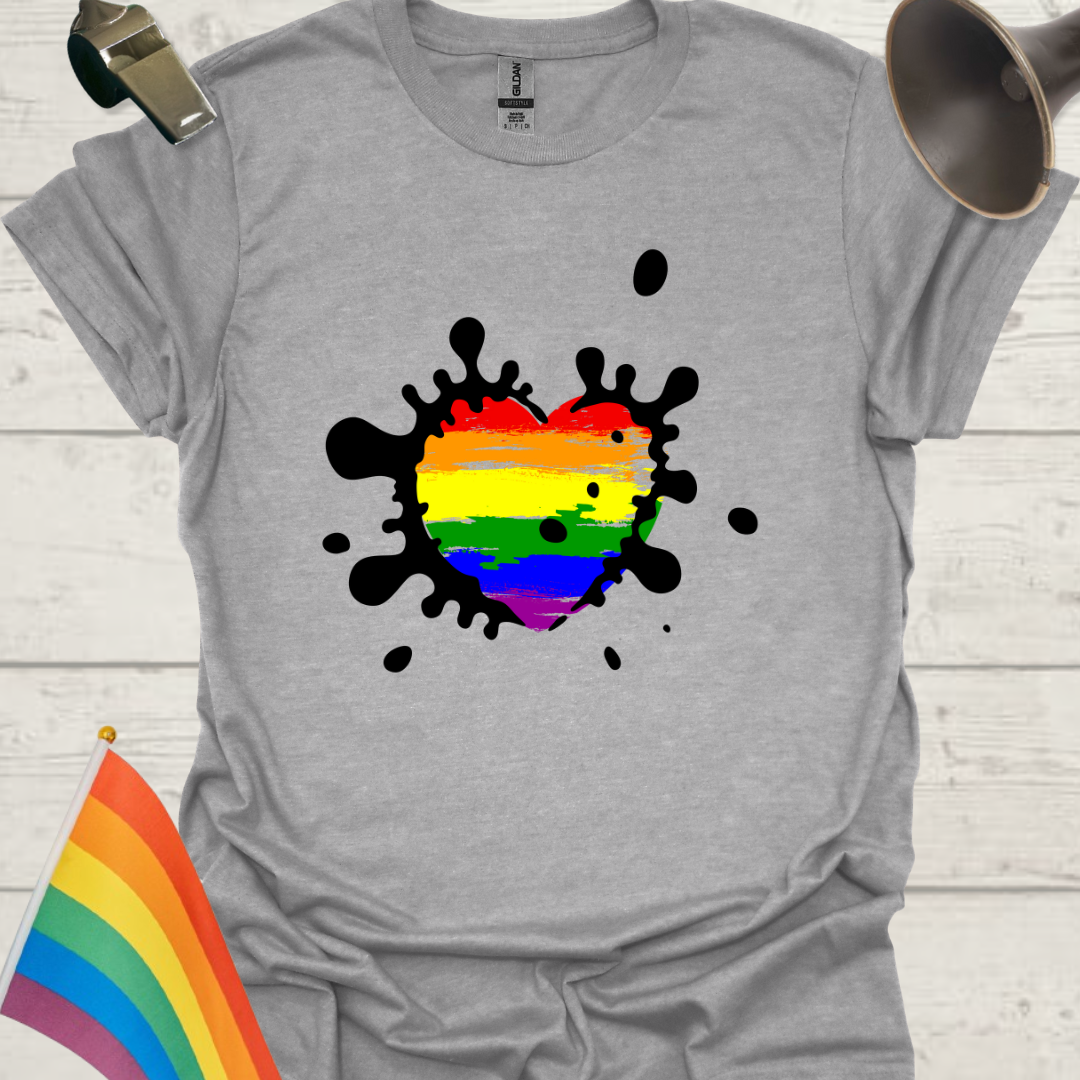 LGBTQ Pride Rainbow Flag in a Black Splashes Heart Art T-Shirt