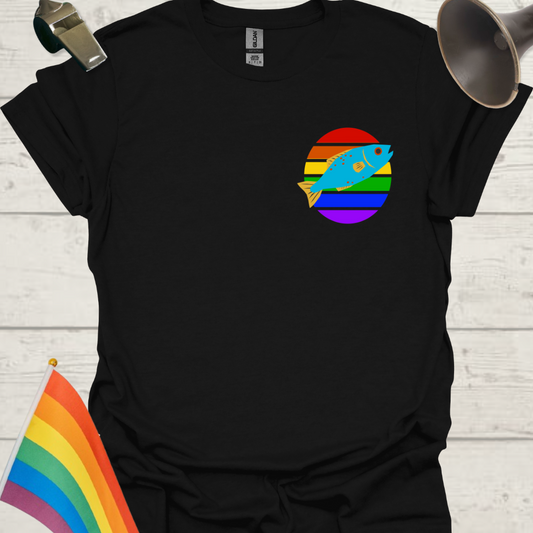 LGBTQ Pride Rainbow Stripes in a Sphere, Blue Fish T-shirt