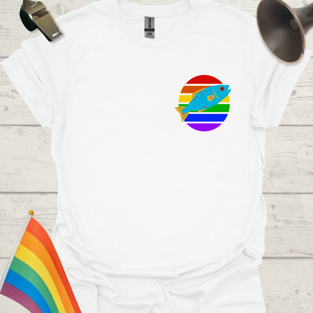 LGBTQ Pride Rainbow Stripes in a Sphere, Blue Fish T-shirt