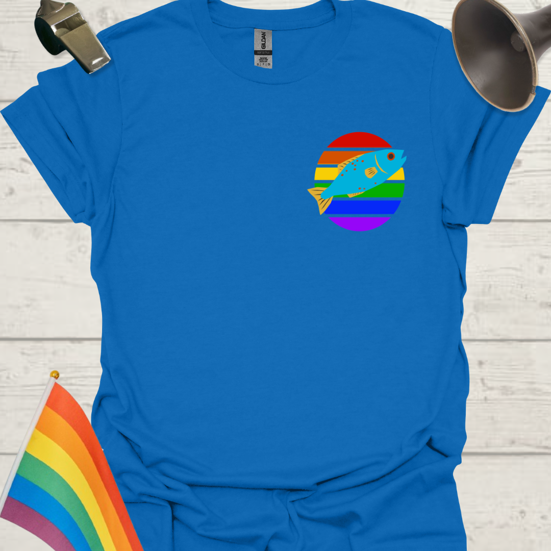 LGBTQ Pride Rainbow Stripes in a Sphere, Blue Fish T-shirt