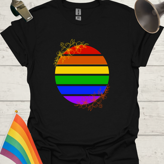 LGBTQ Pride Rainbow Stripes in a Sphere with Flowers T-Shirt