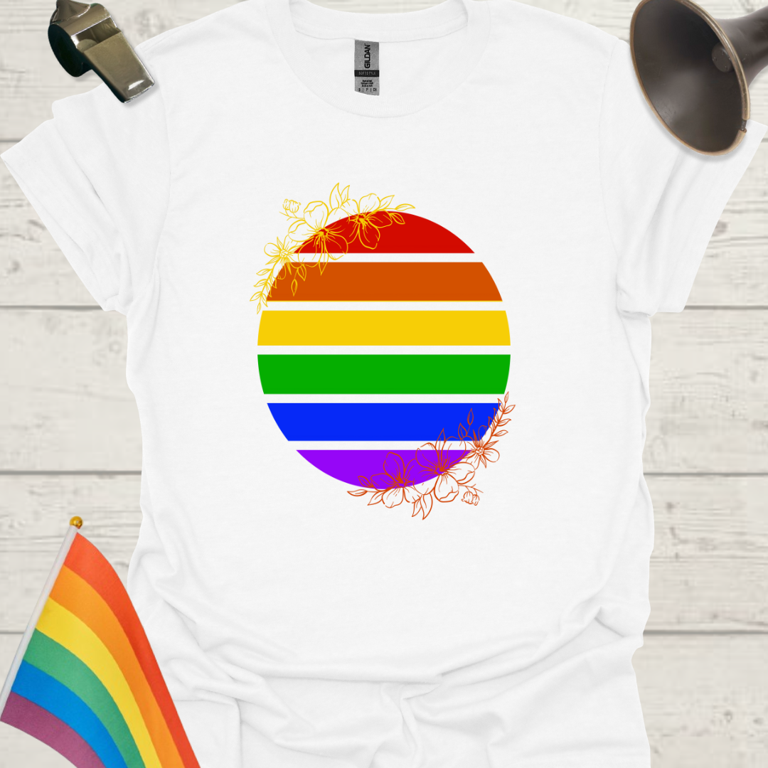 LGBTQ Pride Rainbow Stripes in a Sphere with Flowers T-Shirt