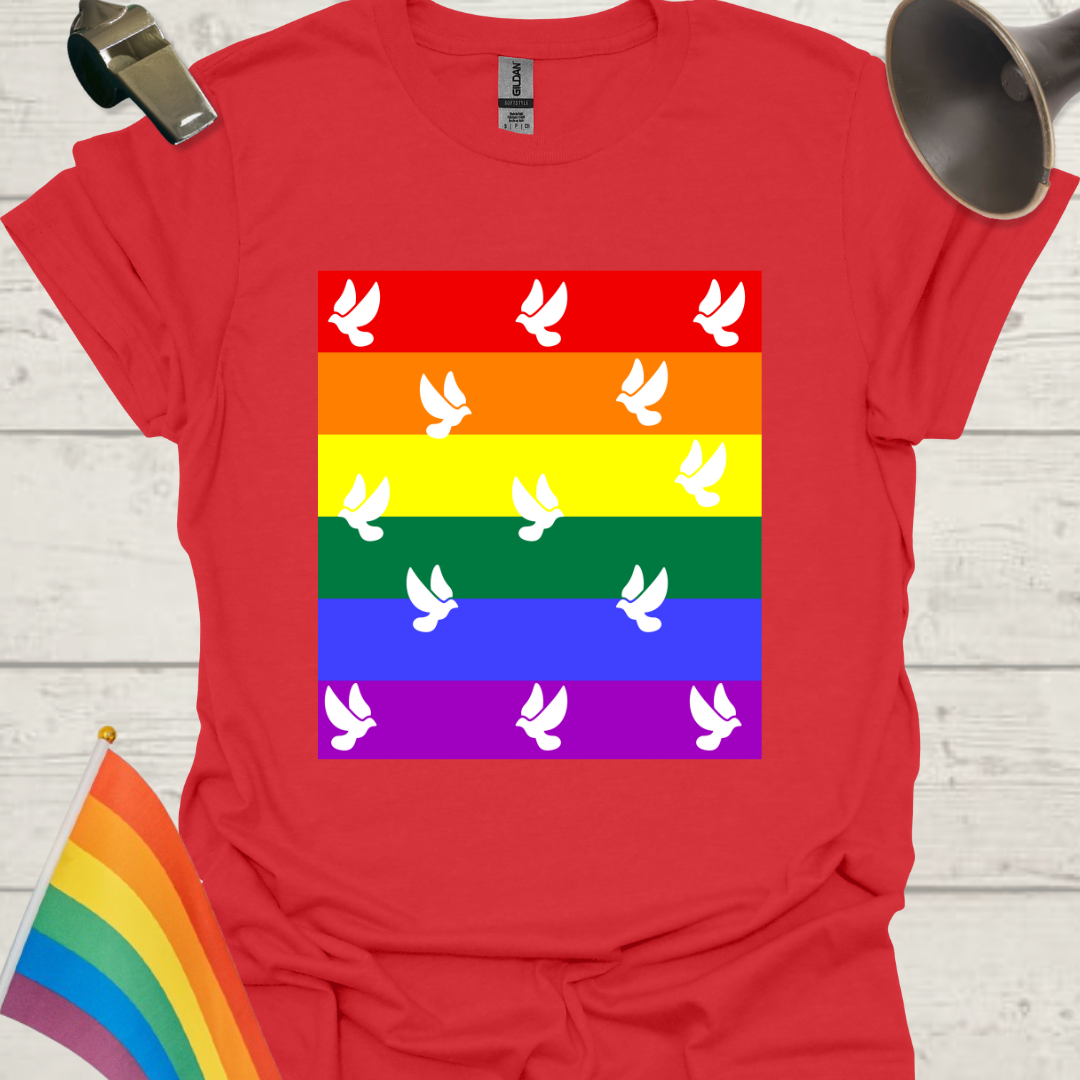Unisex Pride T-Shirt - LGBT Pride Flag White Doves Pattern Design