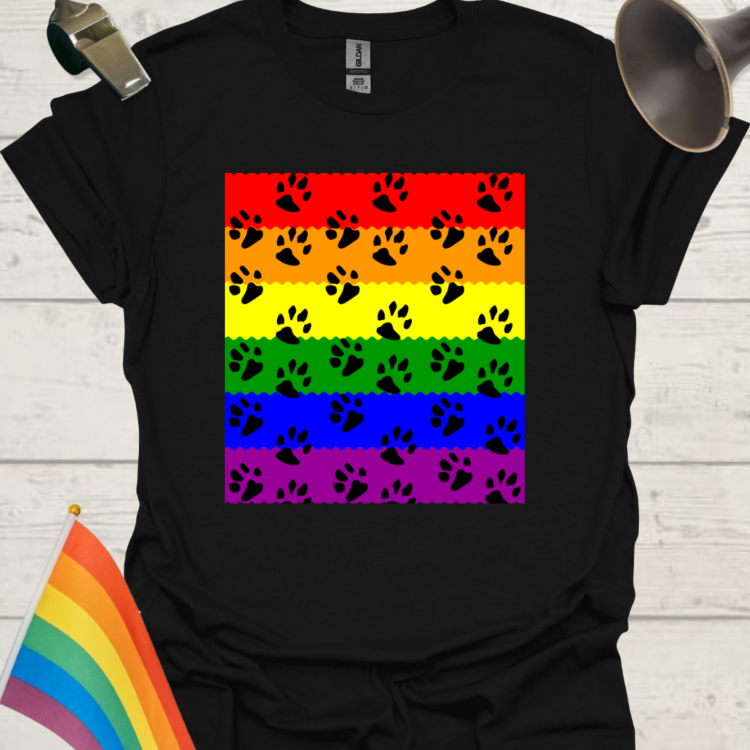 Unisex Pride T-Shirt - LGBT Pride Flag Ripples, Animal Paws Pattern Design