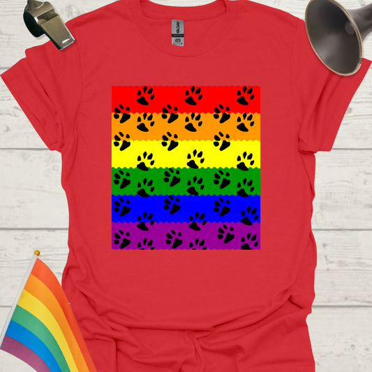 Unisex Pride T-Shirt - LGBT Pride Flag Ripples, Animal Paws Pattern Design