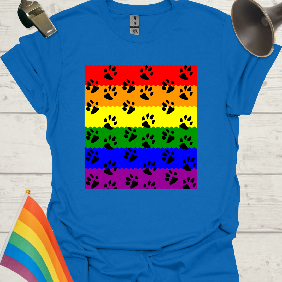 Unisex Pride T-Shirt - LGBT Pride Flag Ripples, Animal Paws Pattern Design