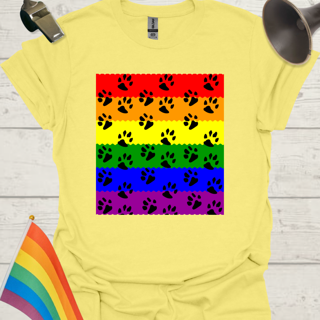 Unisex Pride T-Shirt - LGBT Pride Flag Ripples, Animal Paws Pattern Design