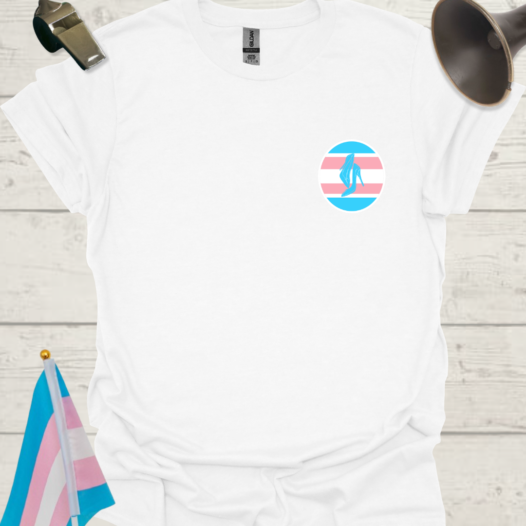 LGBTQ Transgender Pride Flag Colors, Sphere, and Blue High Heels T-Shirt