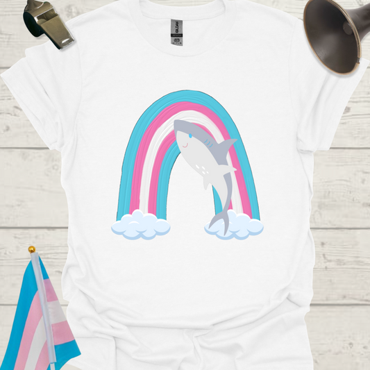 Transgender Pride Flag colors, Cute Shark, Rainbow and Clouds T-Shirt