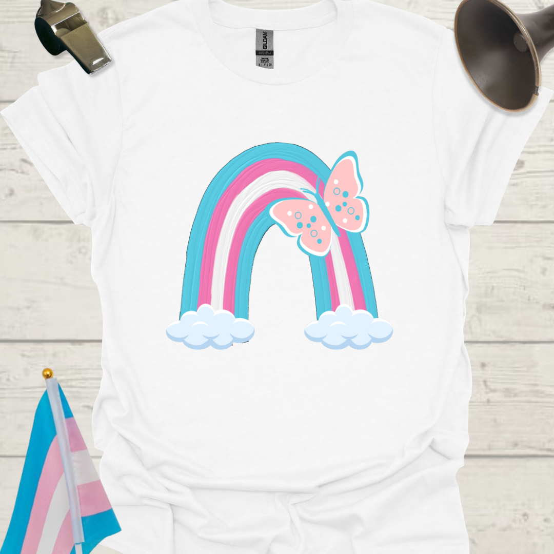 Transgender Pride Flag colors, Beautiful Butterfly, Rainbow and Clouds T-Shirt