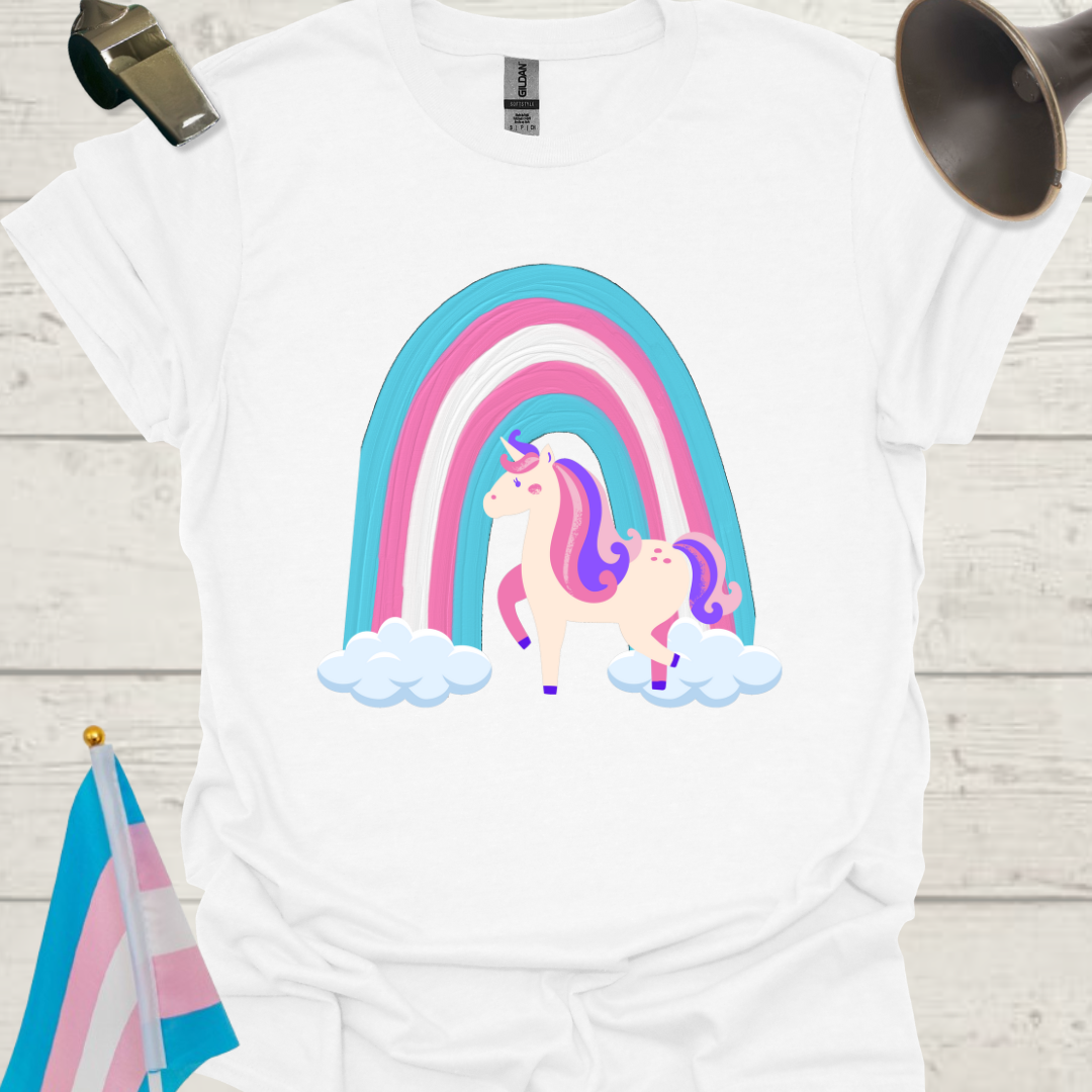 Transgender Pride Flag colors, Cute Unicorn, Rainbow and Clouds T-Shirt