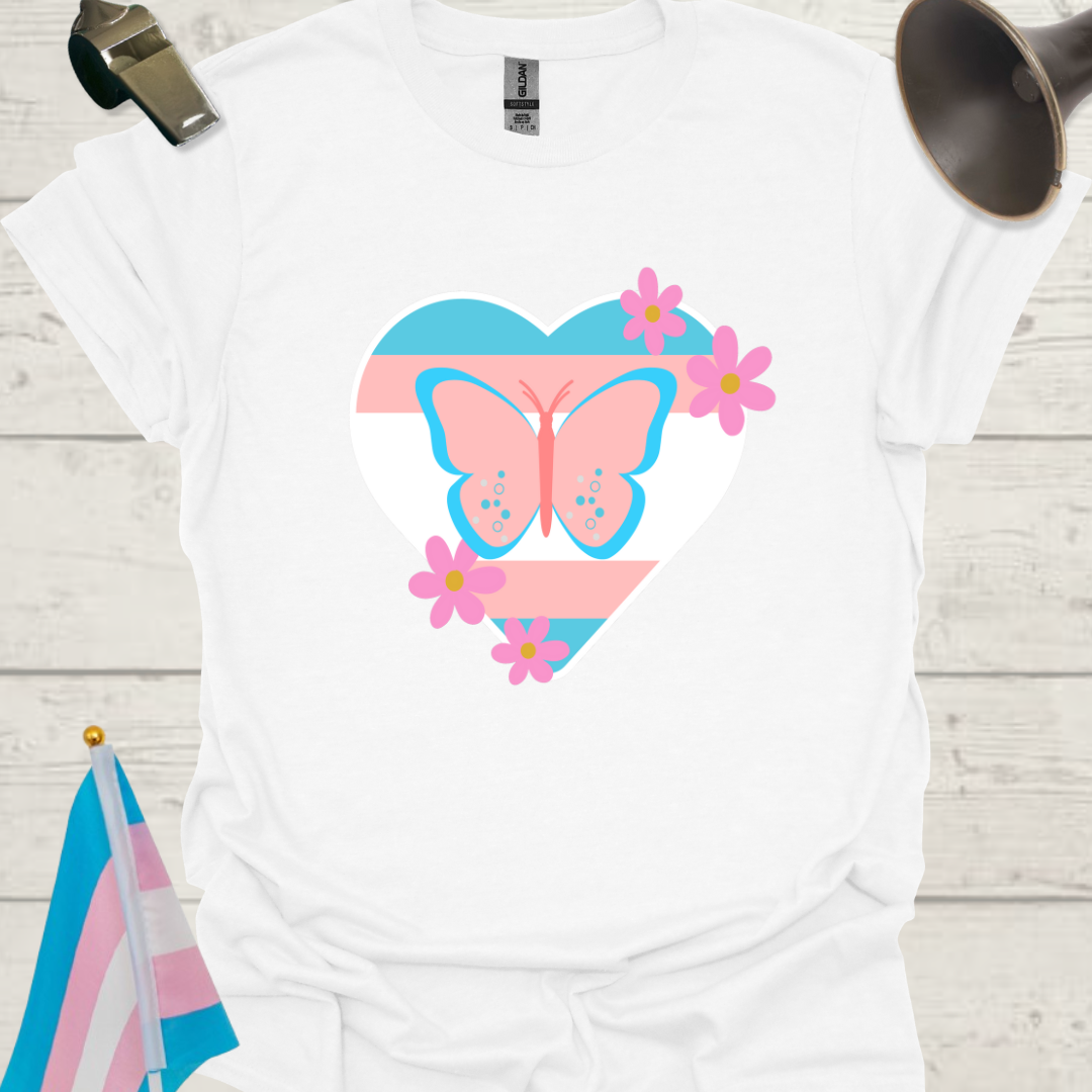 Transgender Pride Flag Colors, Heart, Butterfly and Flowers T-Shirt