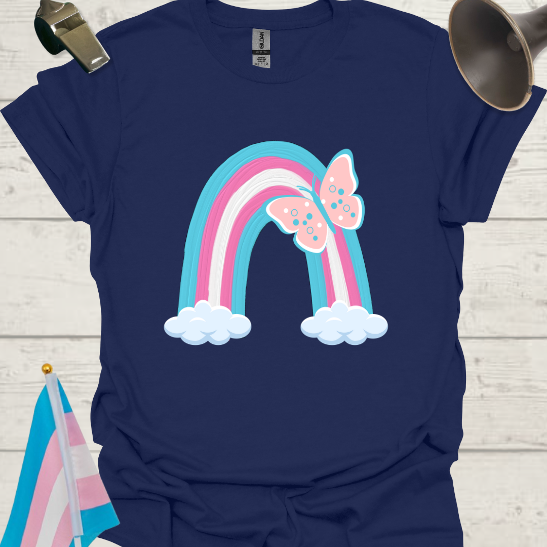Transgender Pride Flag colors, Beautiful Butterfly, Rainbow and Clouds T-Shirt
