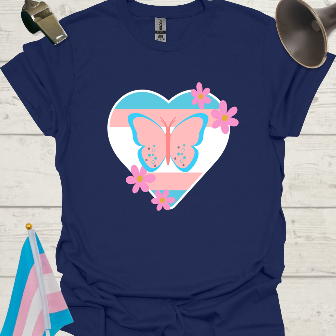 Transgender Pride Flag Colors, Heart, Butterfly and Flowers T-Shirt