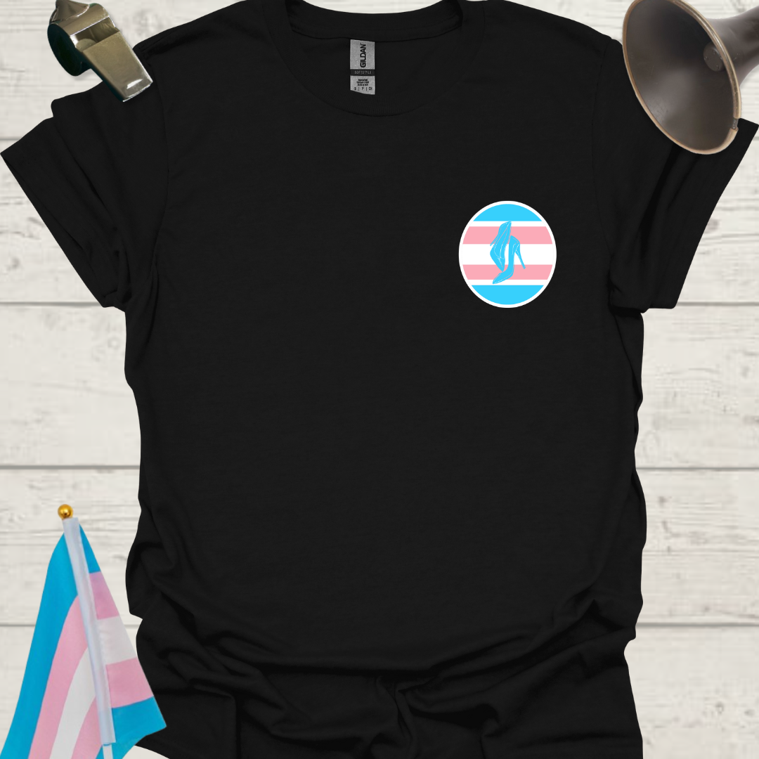 LGBTQ Transgender Pride Flag Colors, Sphere, and Blue High Heels T-Shirt