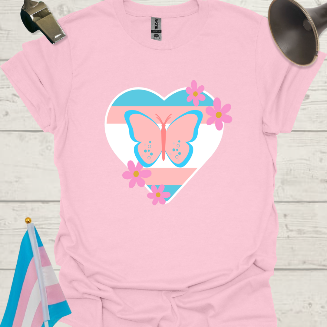 Transgender Pride Flag Colors, Heart, Butterfly and Flowers T-Shirt