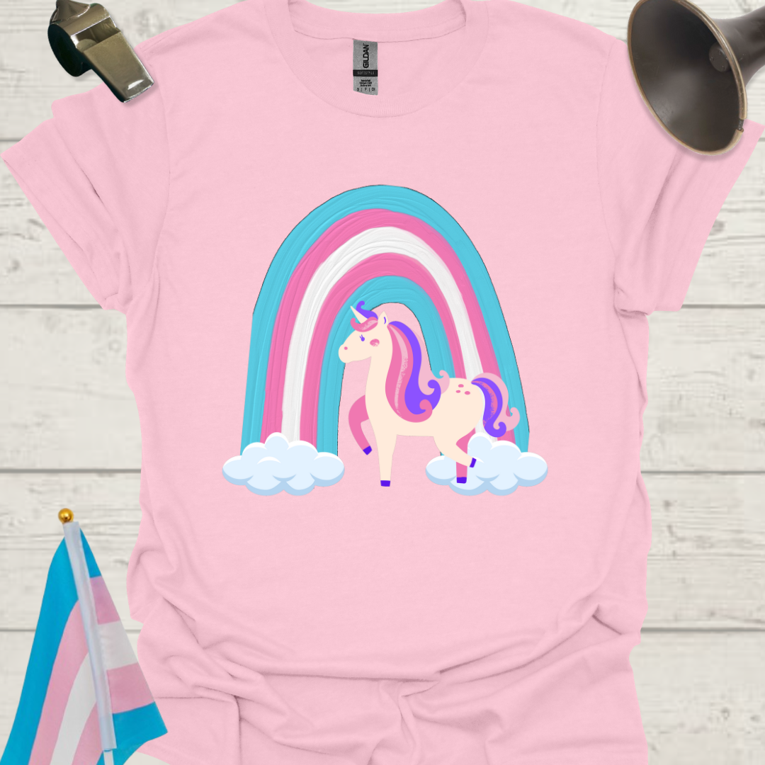 Transgender Pride Flag colors, Cute Unicorn, Rainbow and Clouds T-Shirt