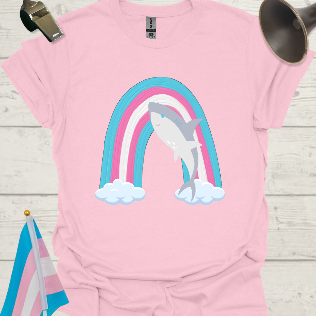 Transgender Pride Flag colors, Cute Shark, Rainbow and Clouds T-Shirt
