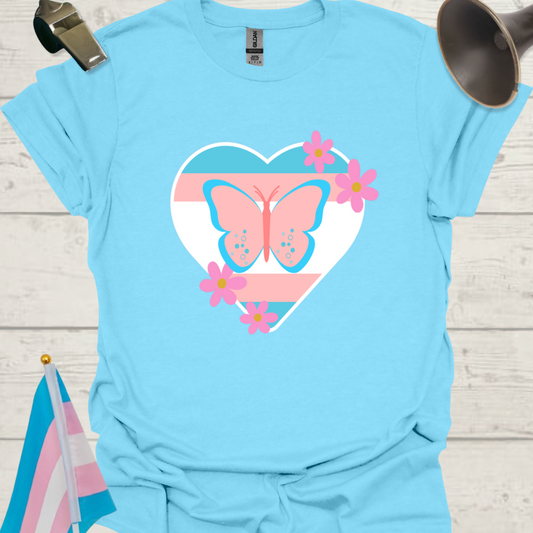 Transgender Pride Flag Colors, Heart, Butterfly and Flowers T-Shirt