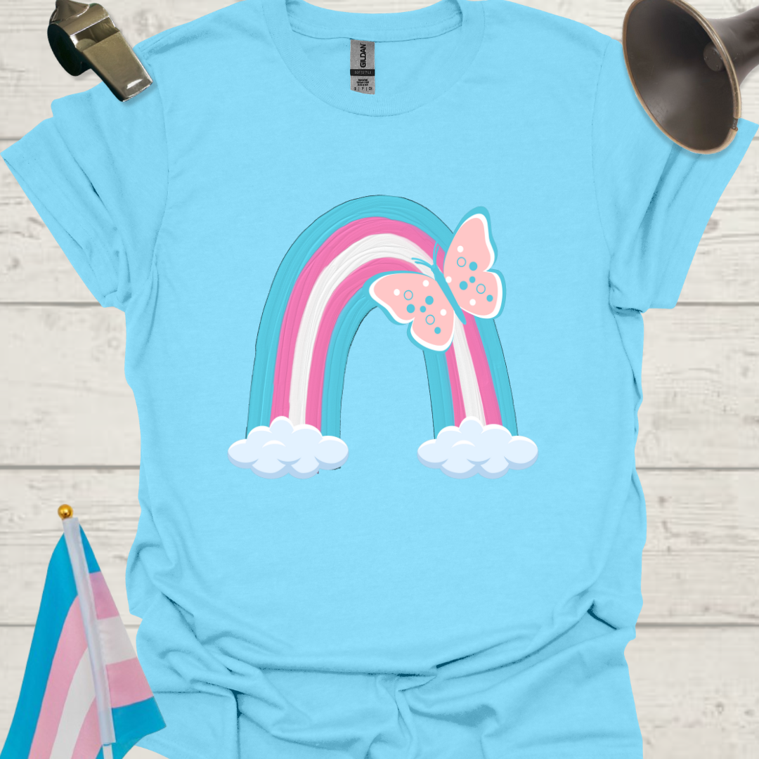 Transgender Pride Flag colors, Beautiful Butterfly, Rainbow and Clouds T-Shirt