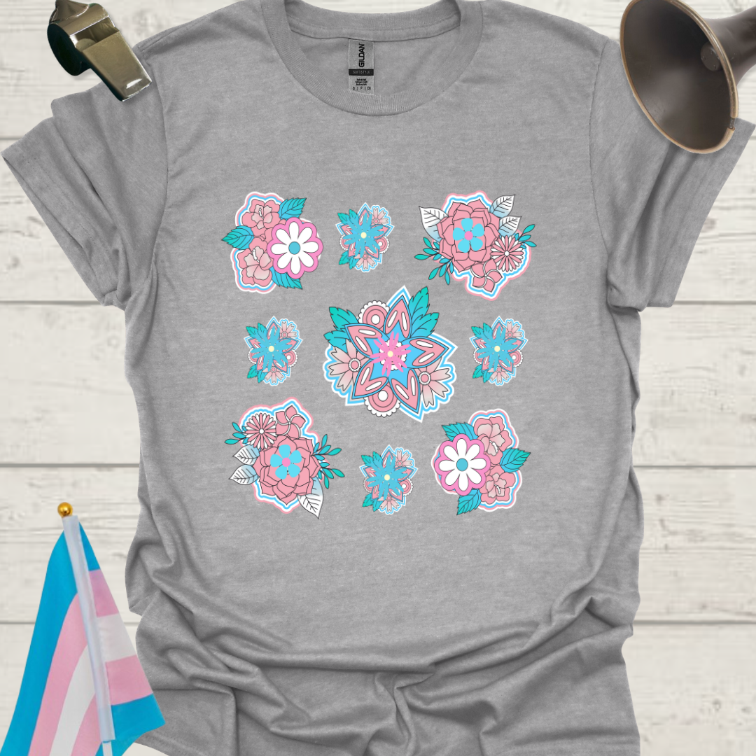 LGBTQ Transgender Pride Flag Colors Floral Pattern T-Shirt