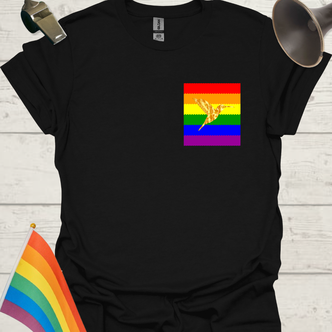 Unisex Pride T-Shirt - LGBT Pride Flag Ripples, Golden Hummingbird Design