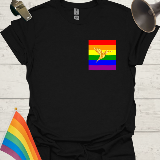 Unisex Pride T-Shirt - LGBT Pride Flag Ripples, Golden Hummingbird Design