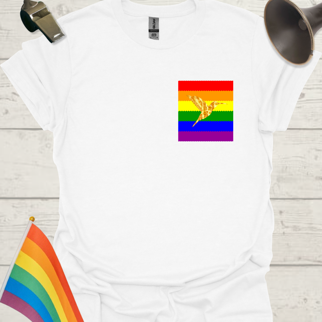 Unisex Pride T-Shirt - LGBT Pride Flag Ripples, Golden Hummingbird Design