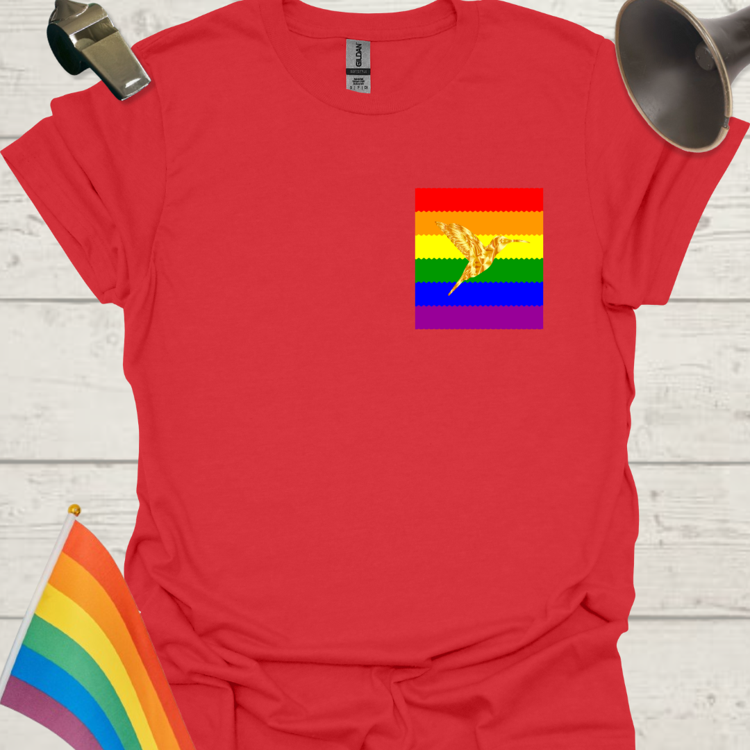 Unisex Pride T-Shirt - LGBT Pride Flag Ripples, Golden Hummingbird Design