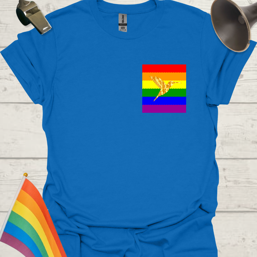 Unisex Pride T-Shirt - LGBT Pride Flag Ripples, Golden Hummingbird Design